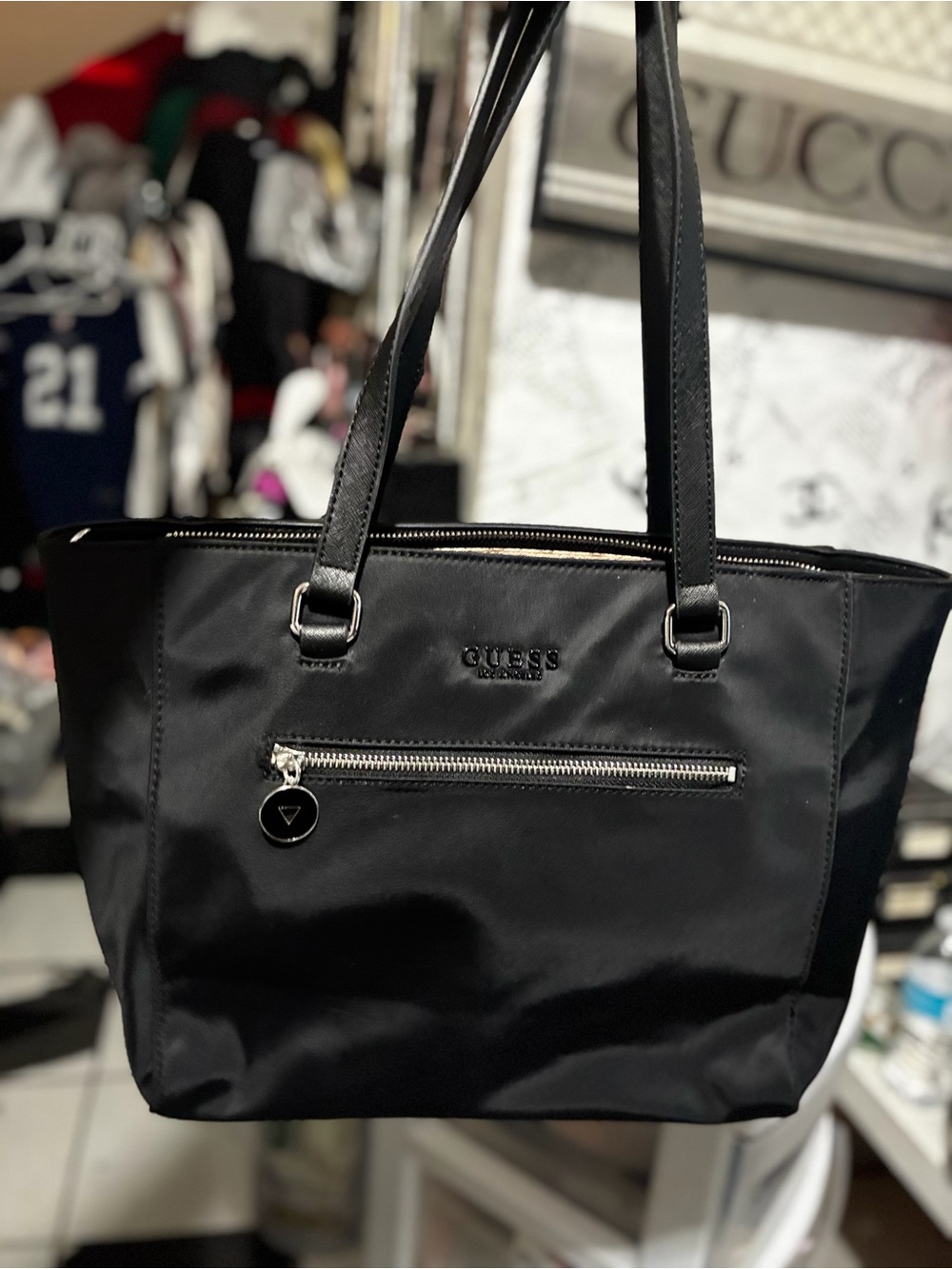 GUESS Black Nylon Tote with Front Zip Pocket and Logo